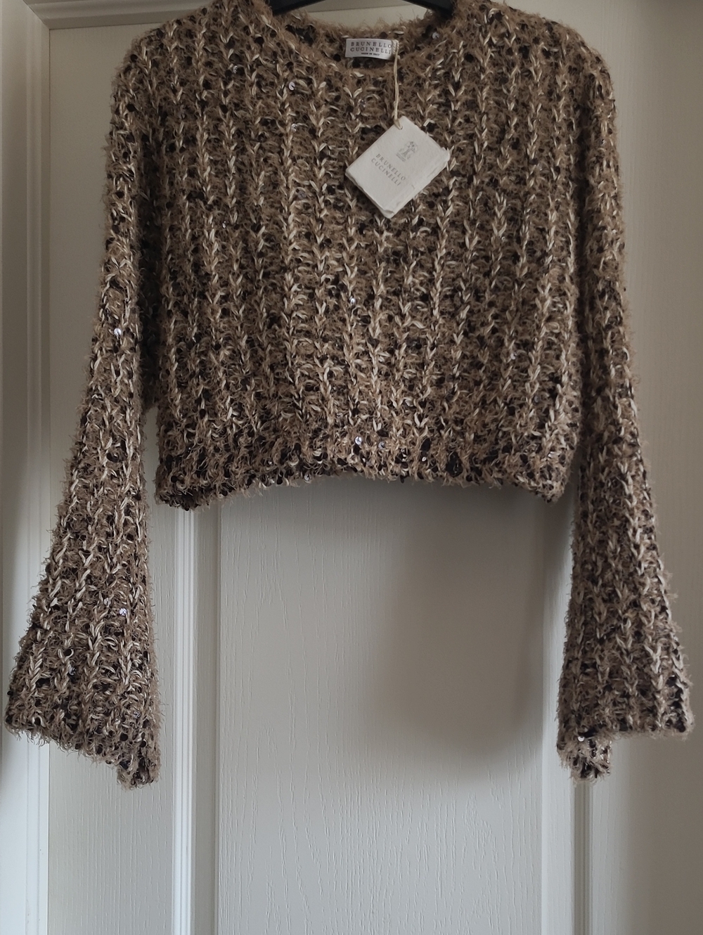 Brunello Cucinelli Tan Brown Sequined Chunky Knit Sweater - Picture 2 of 8